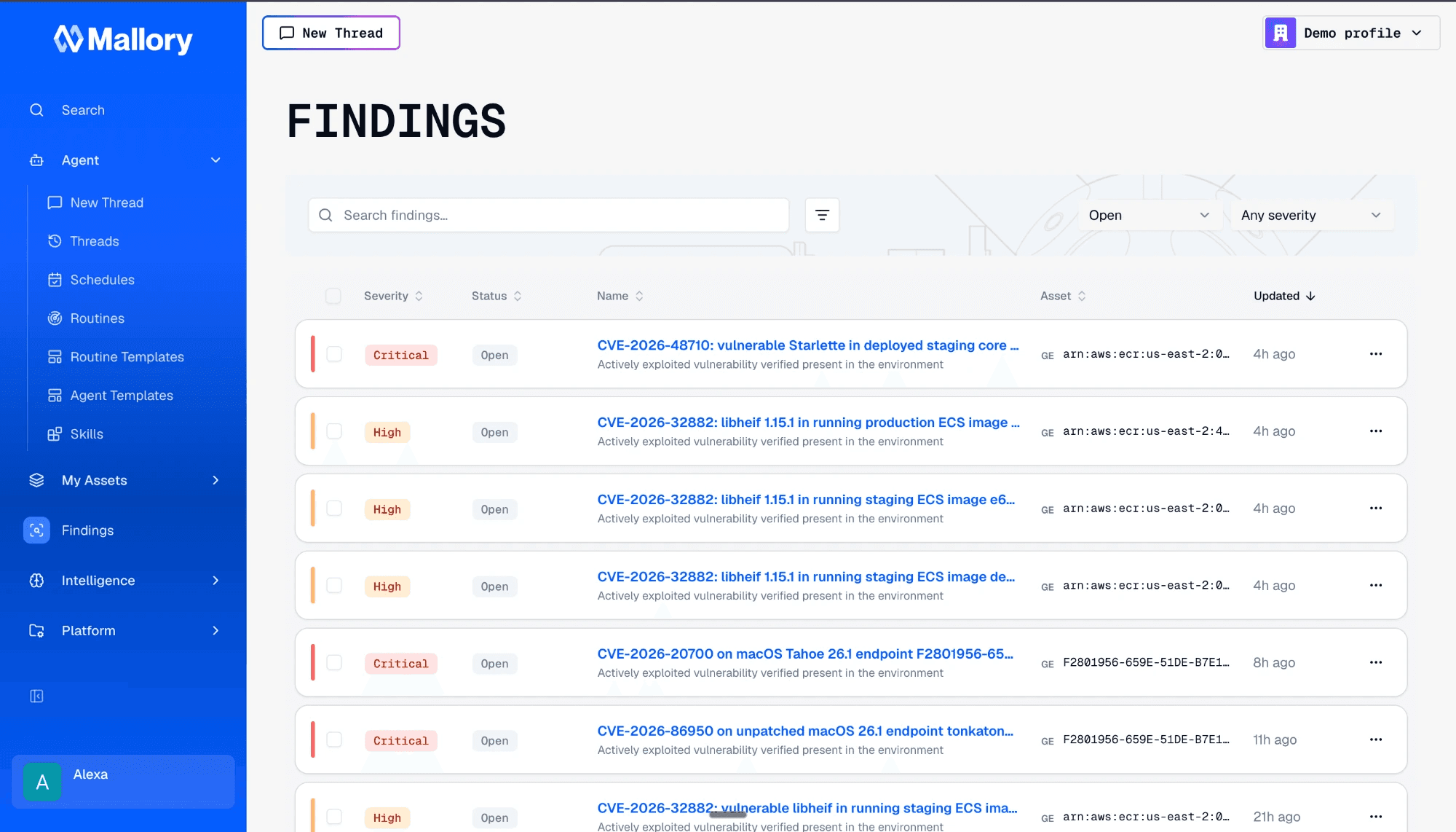 The Mallory Findings queue, with filters for status, severity, type, and asset and a search across every finding.