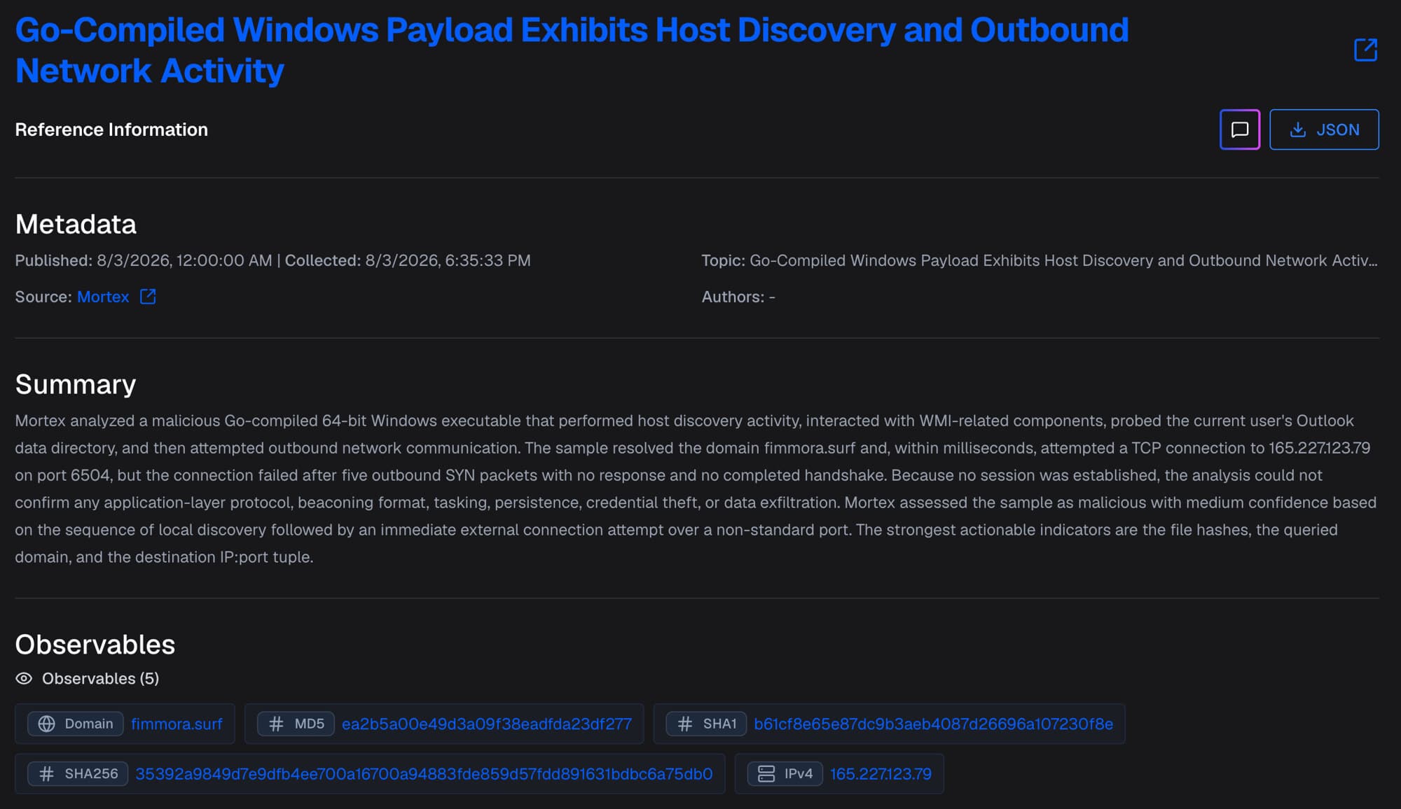 Mortex reference page titled 'Go-Compiled Windows Payload Exhibits Host Discovery and Outbound Network Activity', summarizing a malicious Go-compiled 64-bit Windows executable that resolved fimmora.surf and attempted a failed TCP connection to 165.227.123.79 on port 6504, with observables for the domain, file hashes, and IPv4 address.