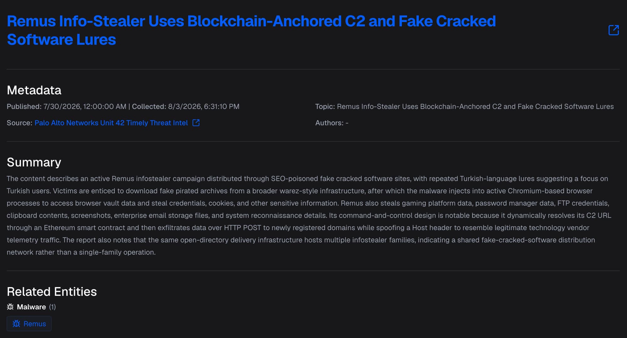 Palo Alto Networks Unit 42 reference titled 'Remus Info-Stealer Uses Blockchain-Anchored C2 and Fake Cracked Software Lures', summarizing an active Remus infostealer campaign distributed through SEO-poisoned fake cracked software sites that resolves its C2 URL through an Ethereum smart contract.