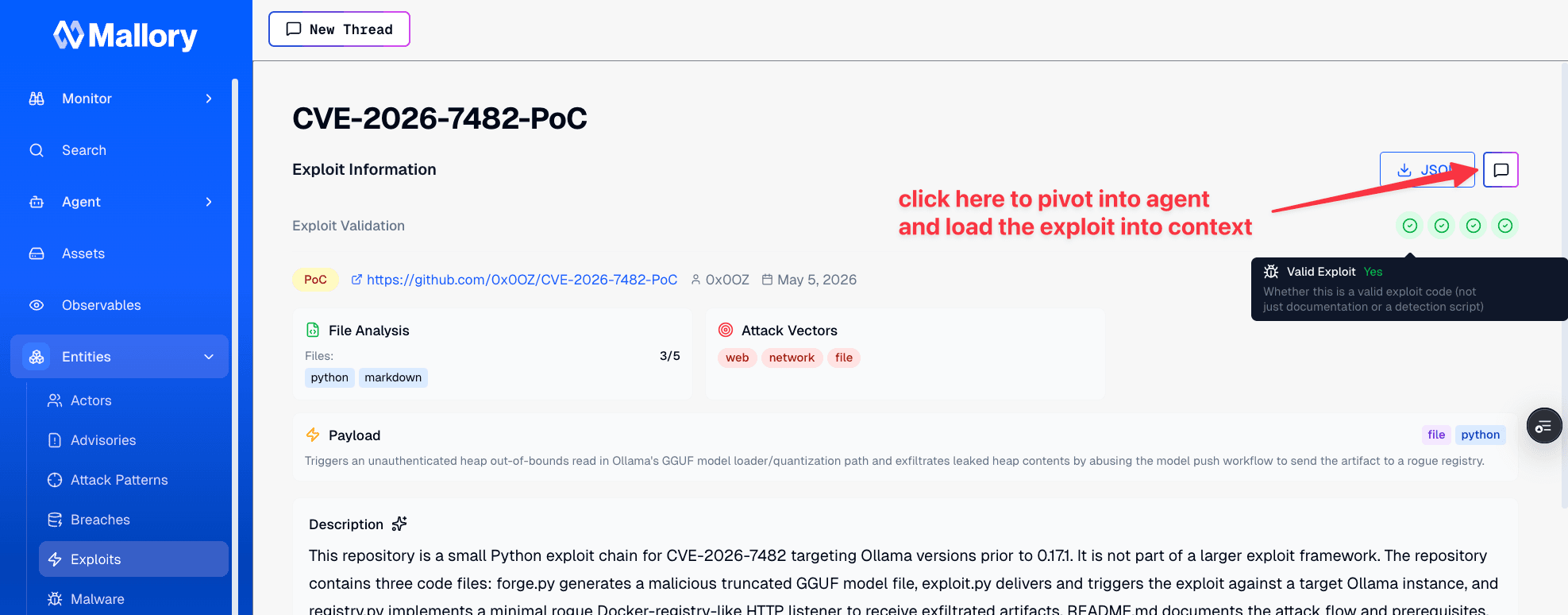 Exploit page with an annotation pointing to a button that pivots into the agent and loads the exploit into context.