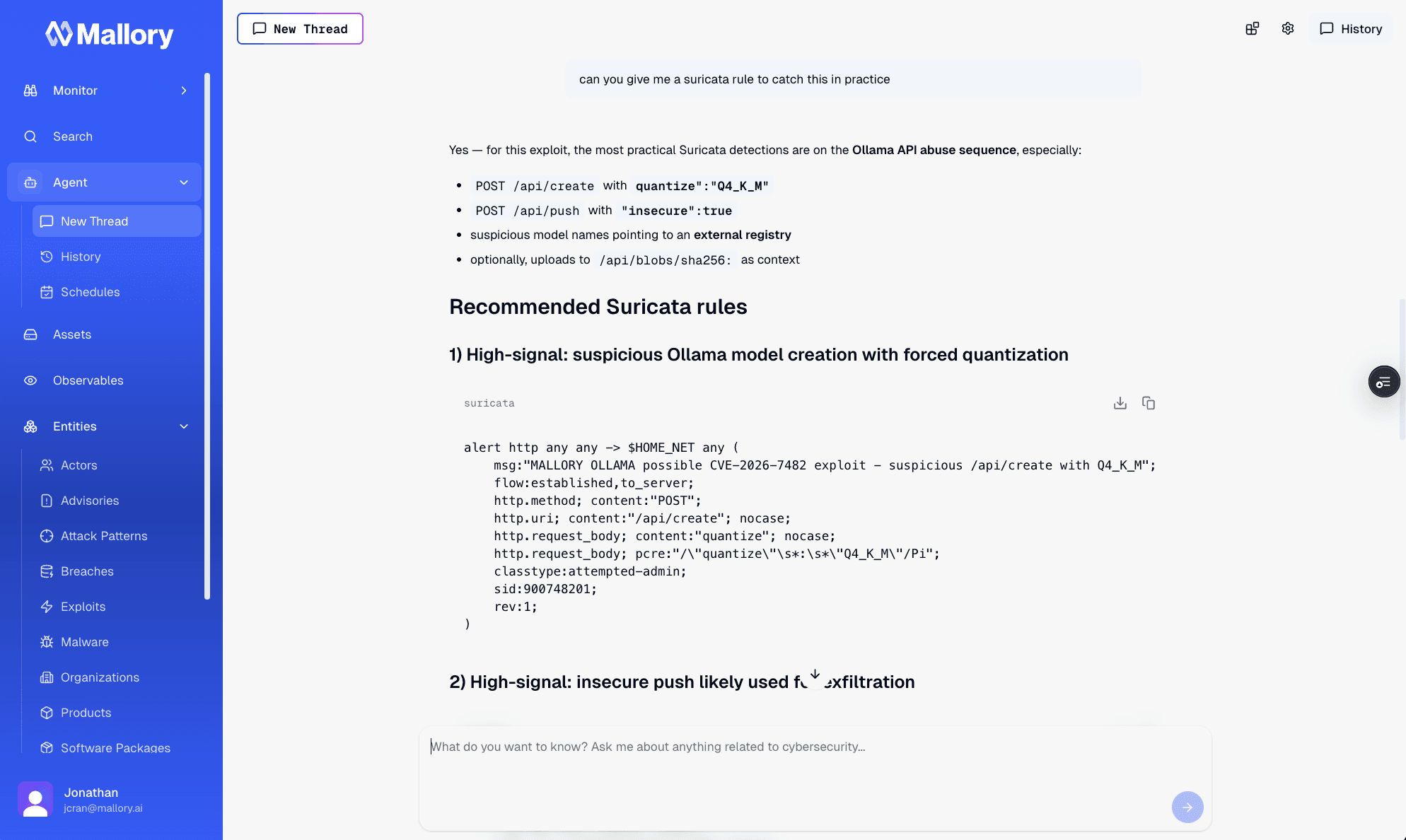 Agent output with two recommended Suricata rules: one for suspicious Ollama model creation with forced quantization, and one for an insecure push pattern likely used for exfiltration.
