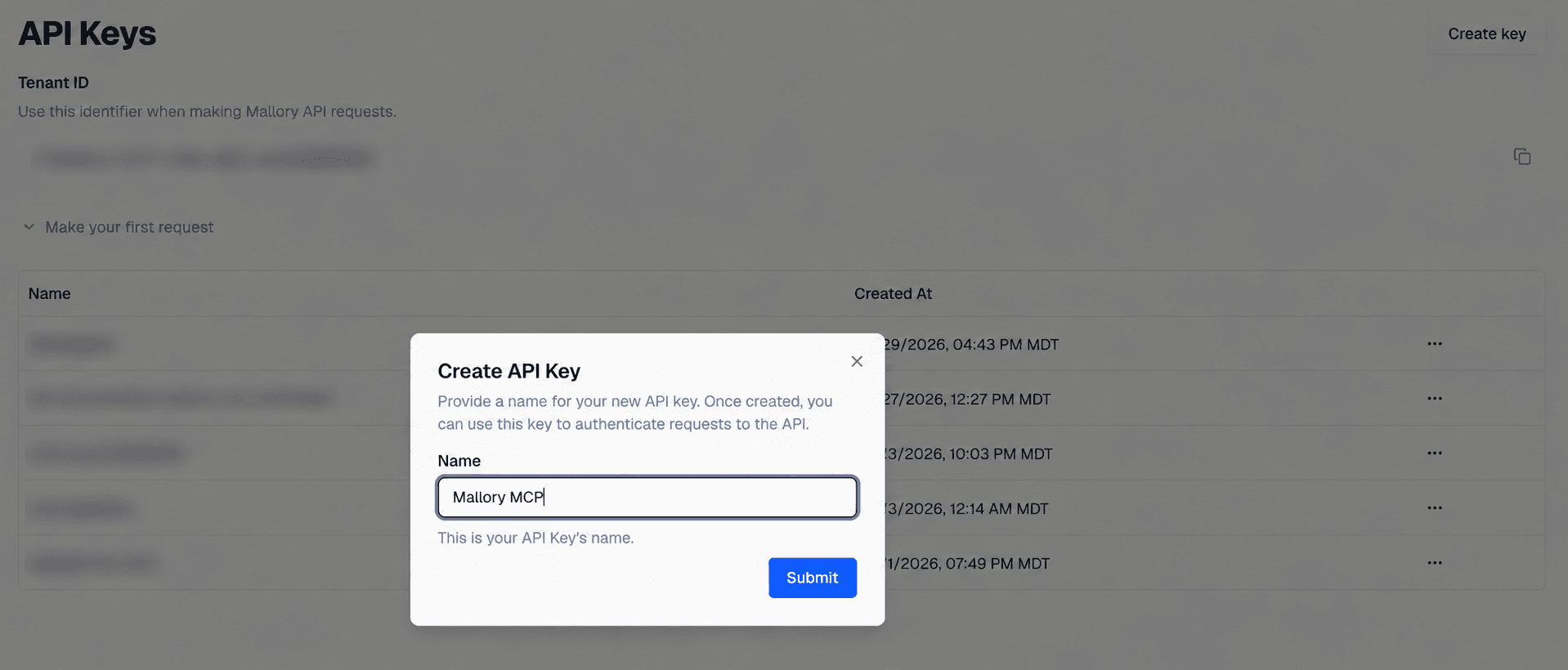 Create API Key dialog in Mallory, with the tenant ID and existing key names blurred.