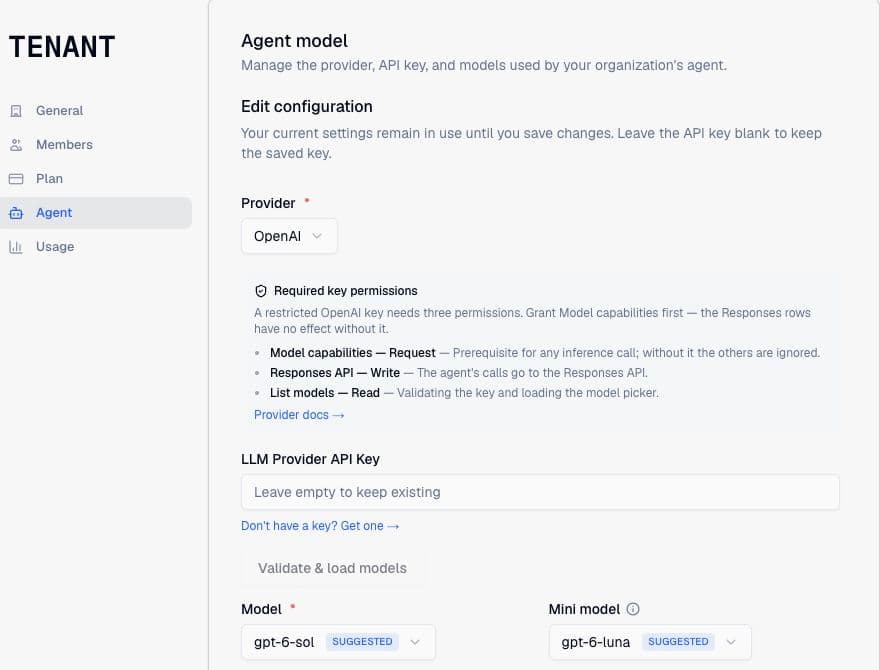 Tenant Agent settings showing the BYOK provider, empty API key field, and primary and mini model selectors.