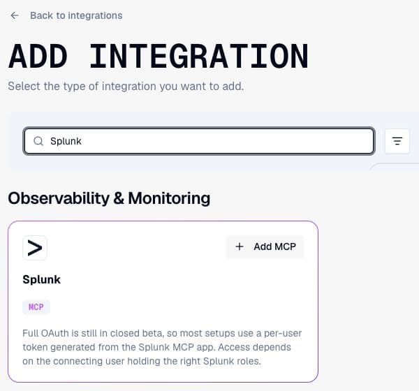 Mallory's Add Integration catalog filtered to Splunk, with its Add MCP button and authentication guidance.